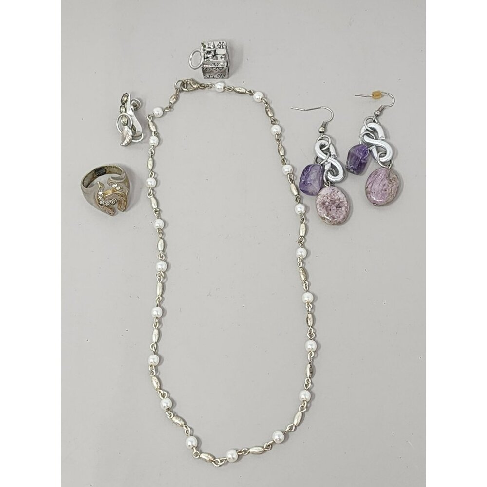5 Vintage Silver Costume‎ Jewelry Ring/Faux Pearl Necklace/Charm/Earrings